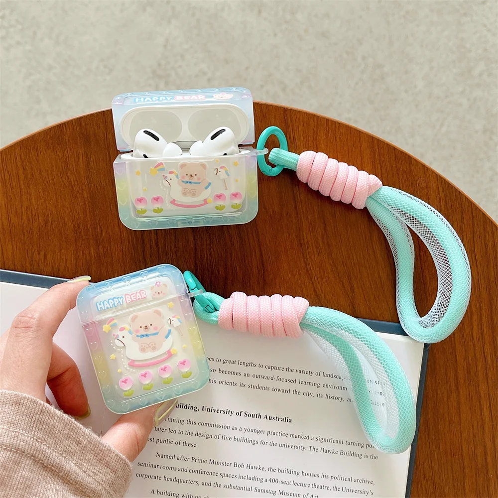 

Cute Bear Wrist Strap Case For AirPods Pro 3 Love Heart Lanyard Cartoon Cover For Air Pods 2 1 Pro Soft Silicone Headphone Cover