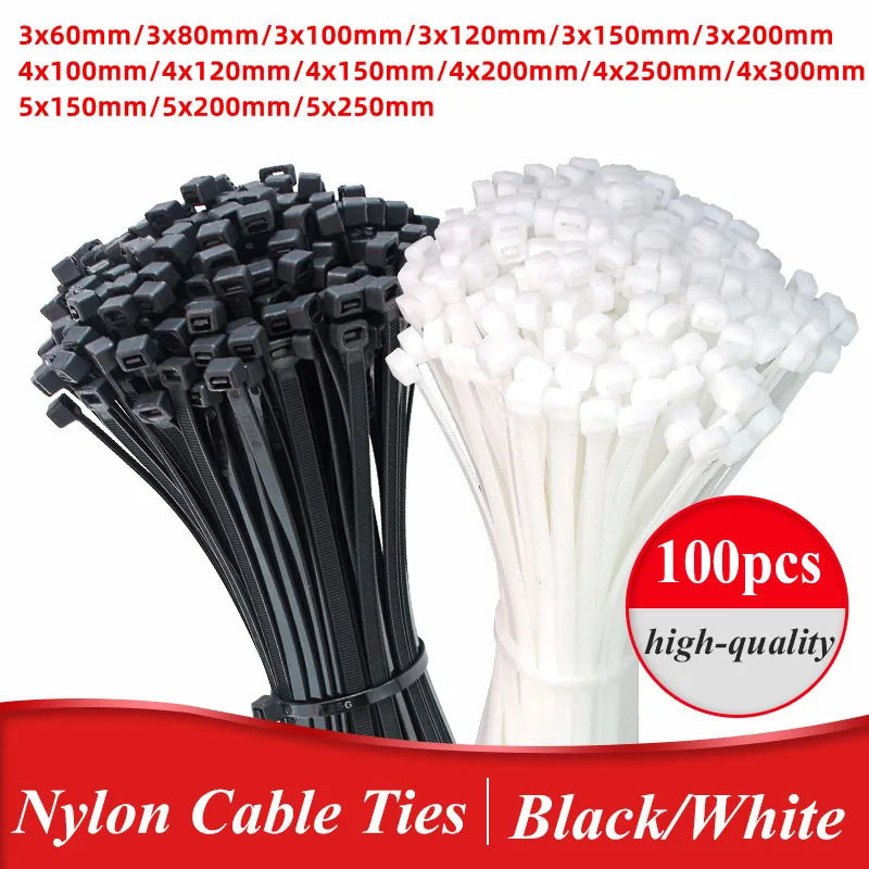 100Pcs Black White Cable Ties Self-locking Plastic Nylon Wire Cable Zip Tie Clamps Assorted Size Fastening Ring 3x60mm 4x100mm