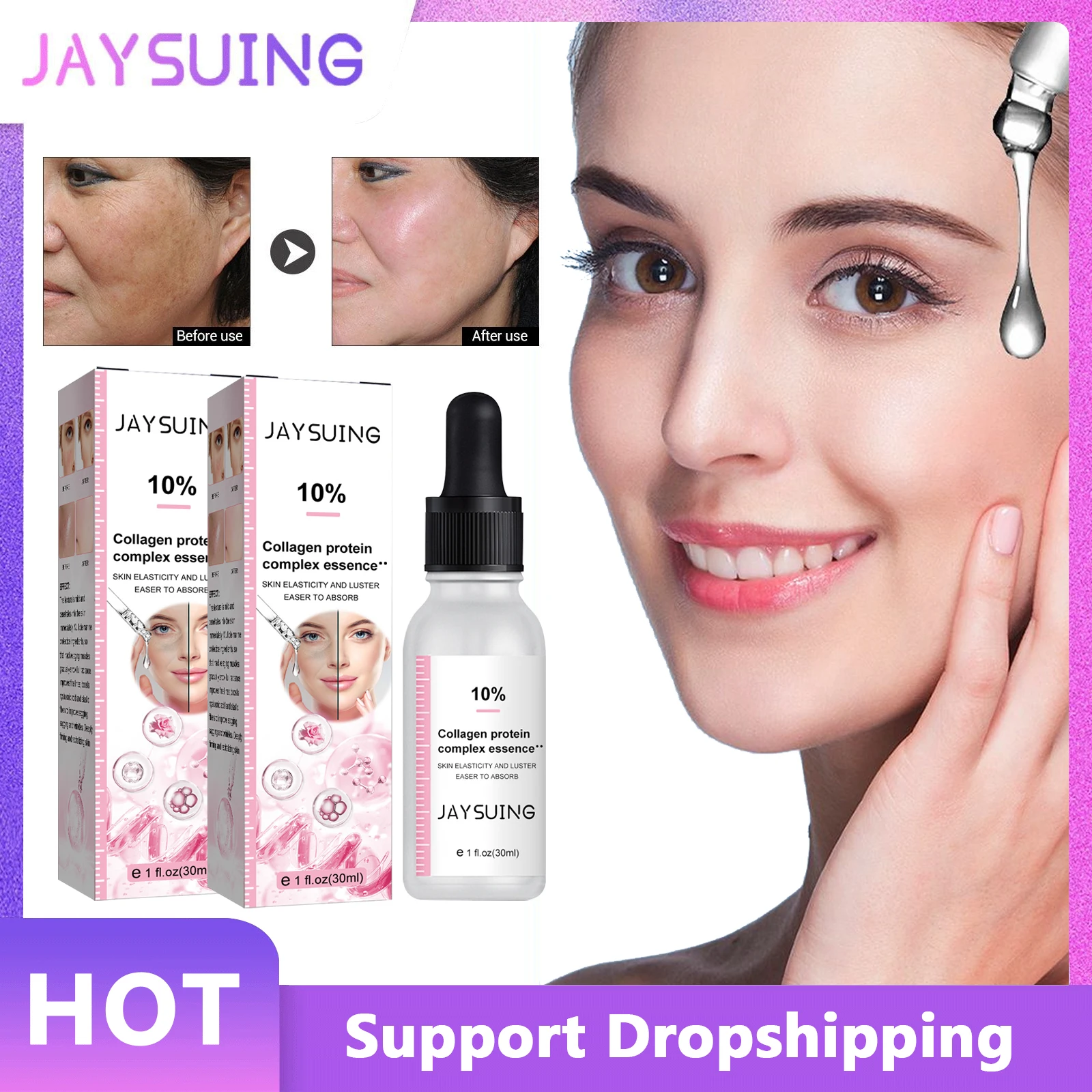 

Jaysuing Collagen Wrinkle Serum Anti-aging Fade Fine Lines Moisturizing Whitening Remove Acne Shrink Pores Brighten Face Essence