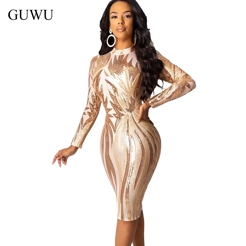 

GUWU Women Sequined Sexy Bodycon Midi Dresses Autumn 2022 Party Bling Sheer Mesh Long Sleeve Night Club Tight Sheath Black Gold