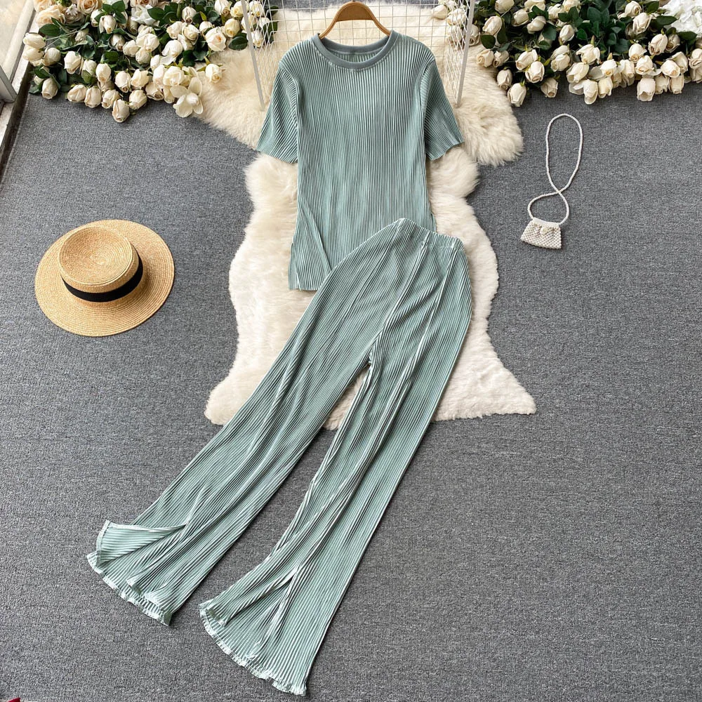 

Women's Summer Pajama Set Summer Short Sleeve Ladies Sleepwear 2 Pcs with Pant Pleated Solid Pyjama Suit for Female 2023