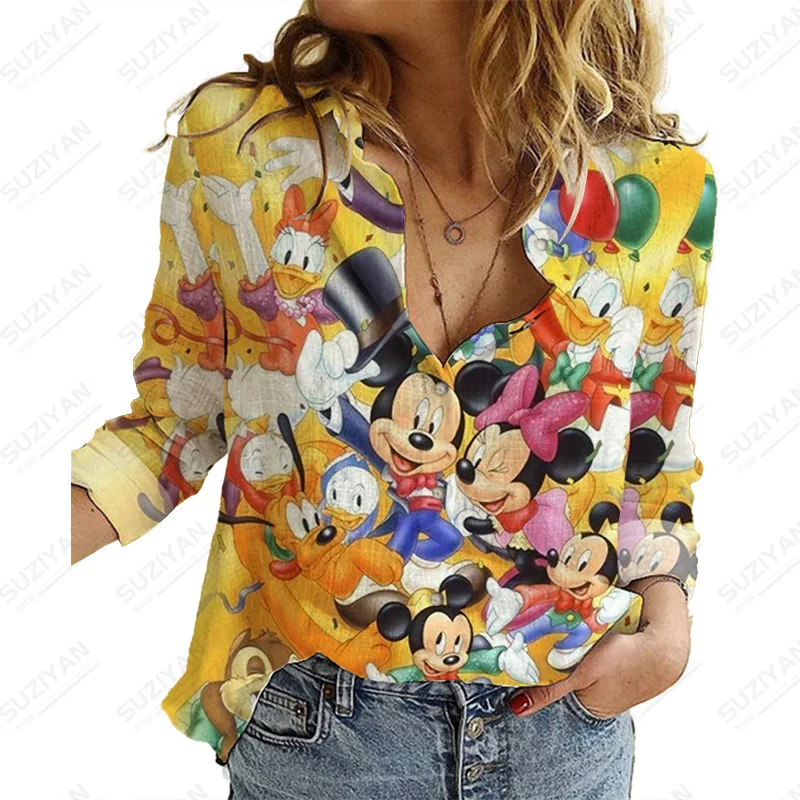 

Loose Female Disney MickeyTops Women'S Casual Shirts Print Long Sleeve Fashion New Floral Print Women Turn Down Collar