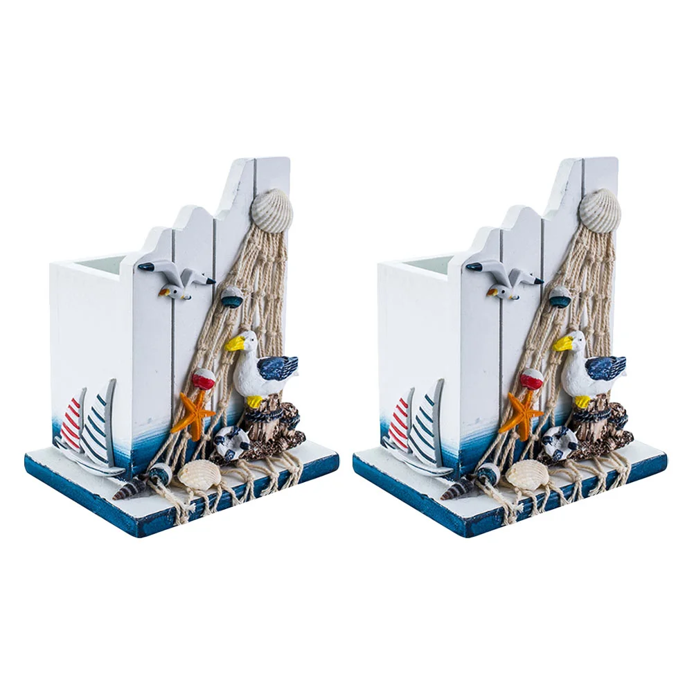 

2Pcs Wooden Pen Holder Mediterranean Pen Stand Office School Storage Box