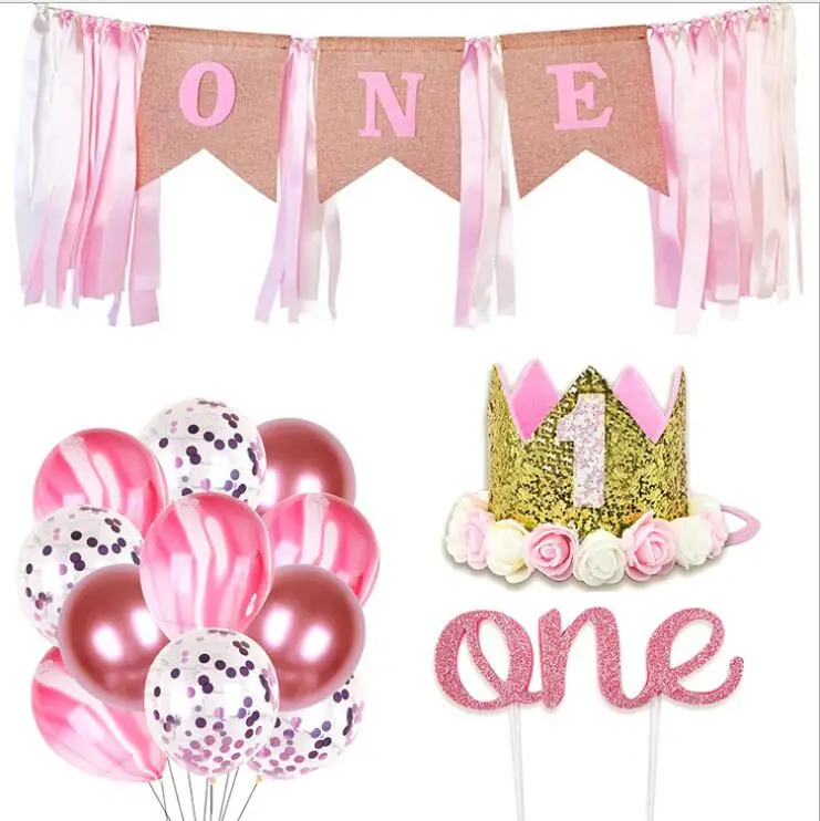 

1st Baby Birthday Decoration Set One Birthday Burlap Banner Glitter Cake Topper Glitter Crown Balloons Party Items For Boys