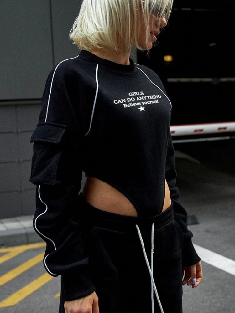 lich Damskie body w stylu streetwear czarny top z nadrukiem litery mieszanka bawełny obcisły krój długi rękaw