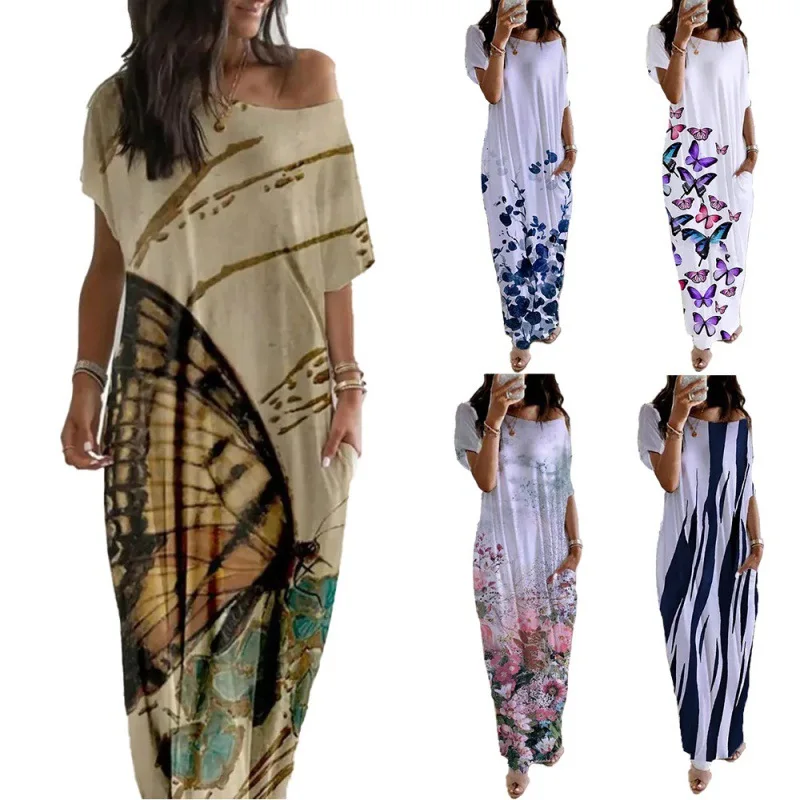 

Printed Elegant Round Neck Bat Short Sleeve Dress Women Elegant Evening Loose Waist Casual Pullover Long Dresses Summer 2023