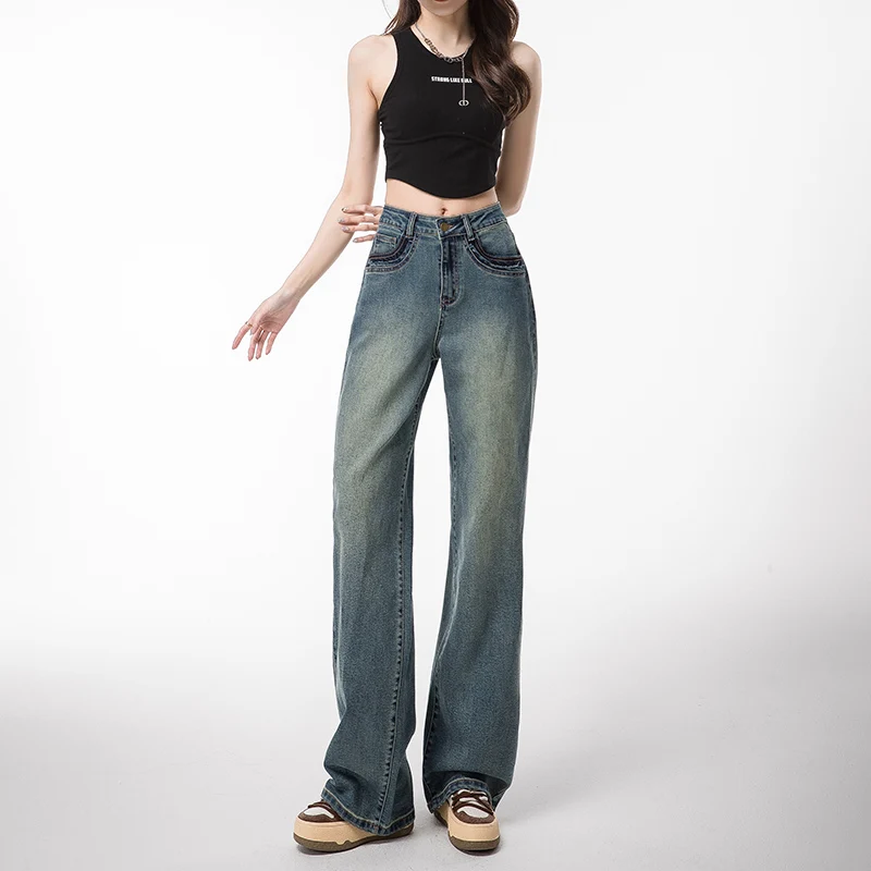 Female New Women'S High Waist Slim Covering Crotch Versatile Wide Leg Jeans Trousers Korean Fashion Straight Floor Pants