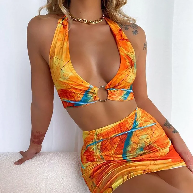 

AIIOU Sexy Tie-dye Print Woman Two Piece Boho Outfit Suits Fashion Halter Bandage Tops Tanks and Ruched Mini Skirts Matching Set