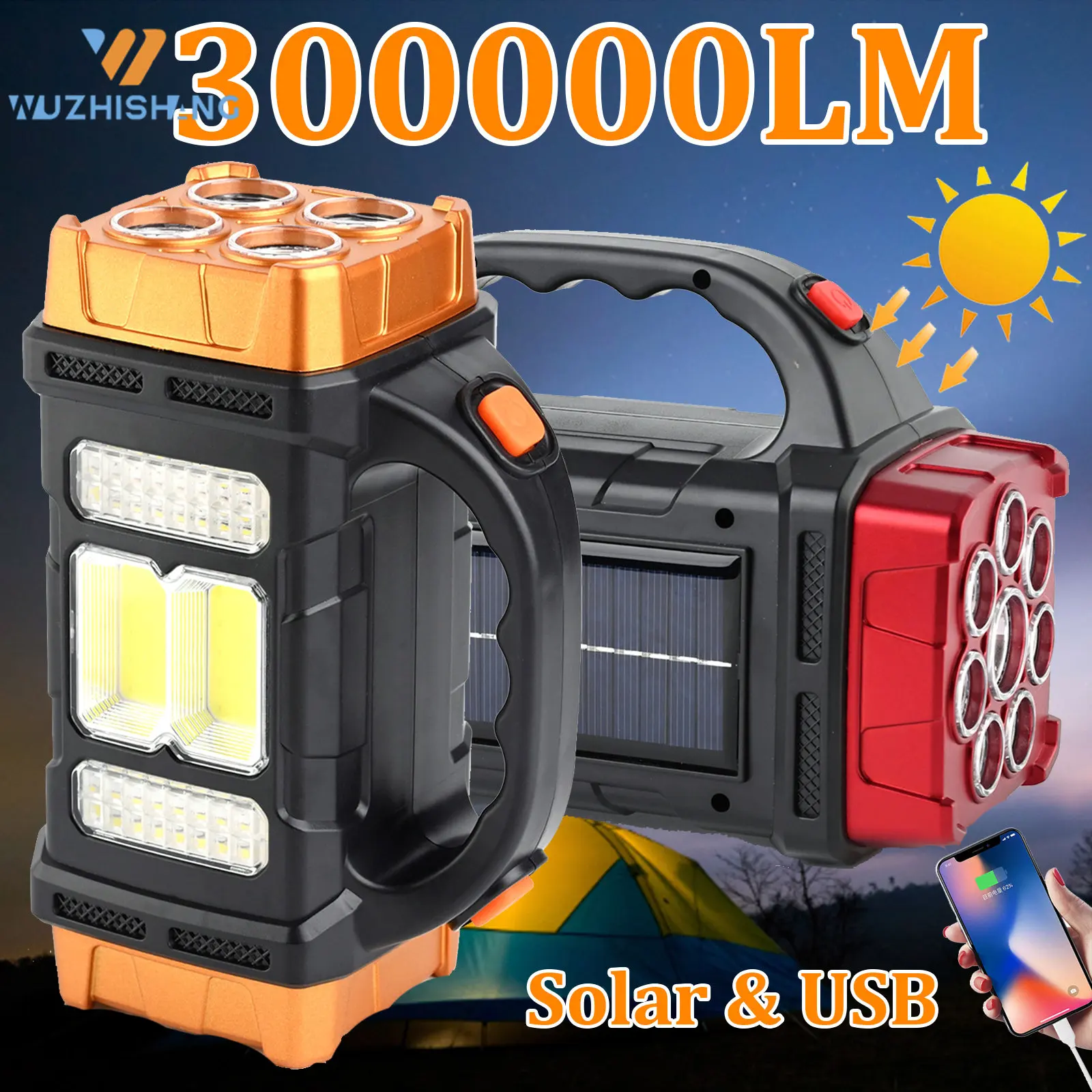 Powerful Solar LED Camping Flashlight 4 Lighting Modes COB Work Lights USB Rechargeable Handheld Solar Torch Light for Outdoor