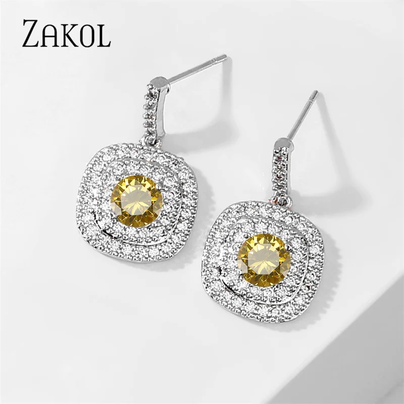 

ZAKOL Classic Yellow Square Zirconia Crystal Drop Earrings with Tiny CZ Stone for Wome Luxury Bridal Wedding party Jewelry EP189