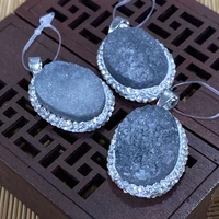 1pc natural stone gray oval crystal pendant rhinestones original energy healing stone mens and womens necklace accessories
