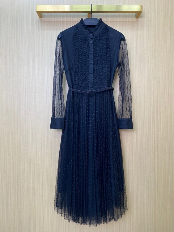 

2022 new women fashion long sleeve see through mesh belt slim midi skirt elegant dress 218