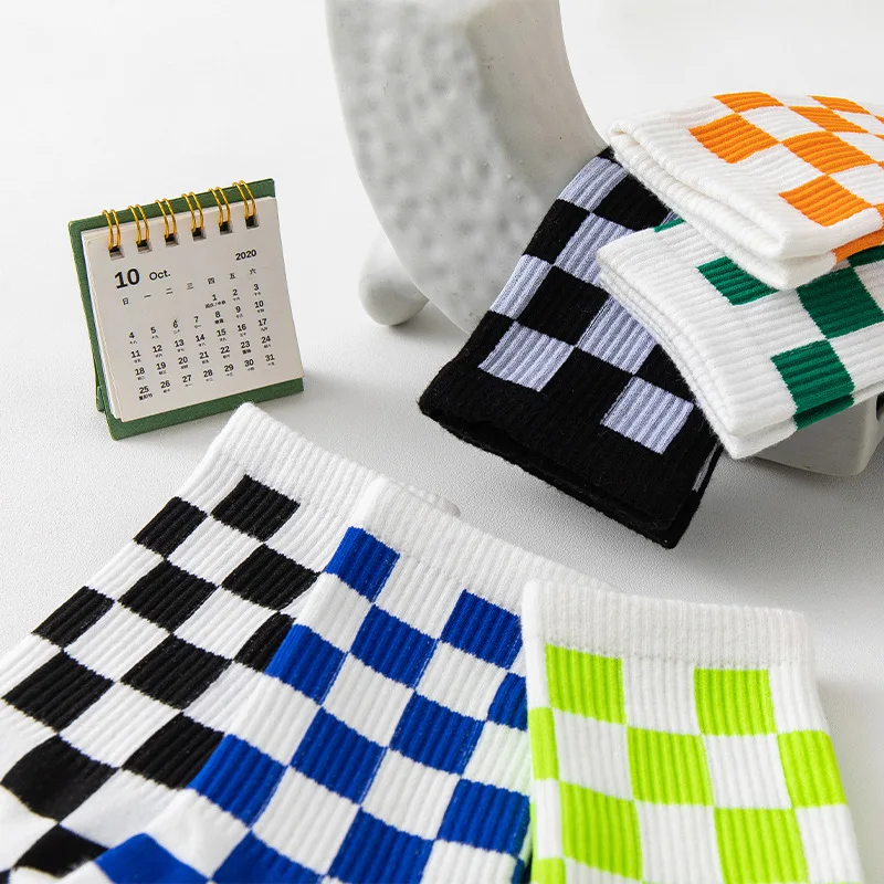 6Pairs Korea Women Trend Checkerboard Socks Geometric Hip Hop Cotton Checkered Socks Unisex Harajuku Streetwear Ankle Socks