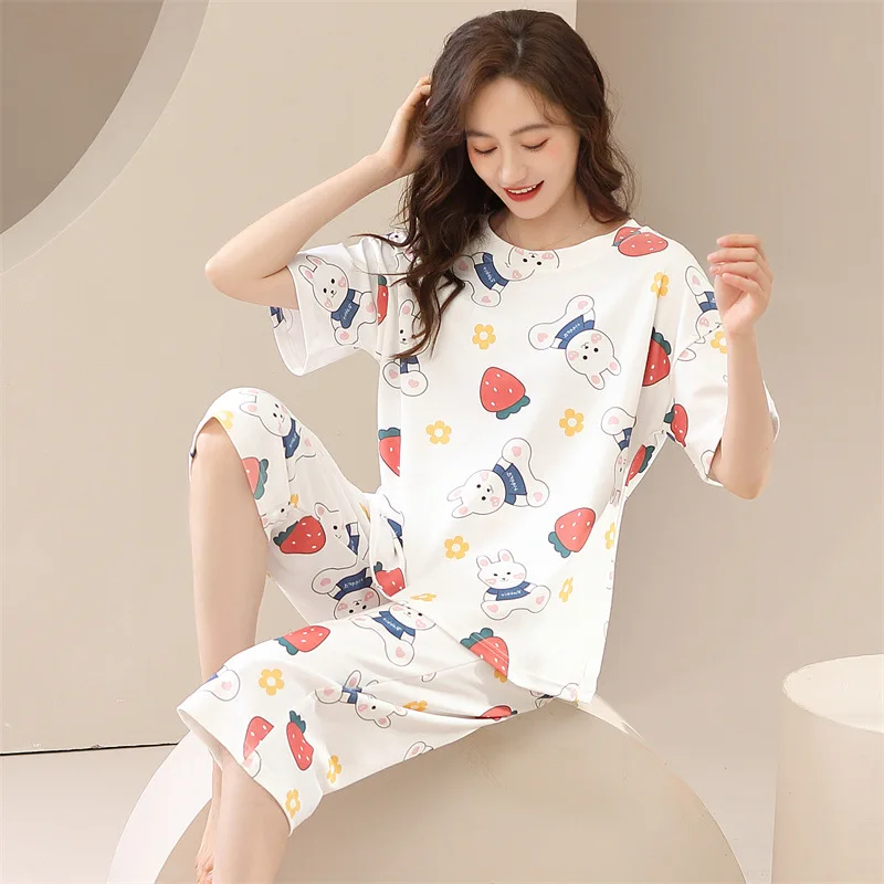 2023 new summer pajamas women's summer cotton short-sleeved cropped pants net red style cute cartoon home service suit