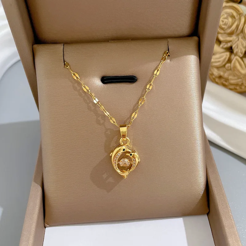 

316L Stainless Steel Smart Dolphin Gold Color Neckalce Geometric Pendant Asymmetric Unique Design Chain Woman Necklace