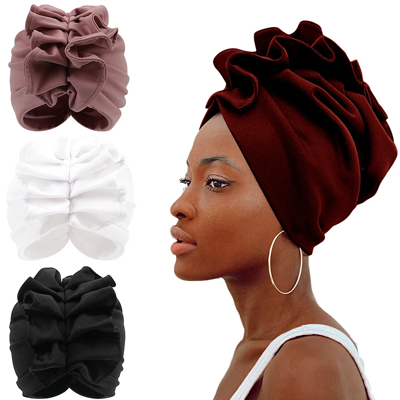 

2023 NEW Women's Ruffled Turban Cap African Lady Head Wraps Soild Color Headscarf Bonnet Cancer Chemo Hat Muslim Turbante Mujer