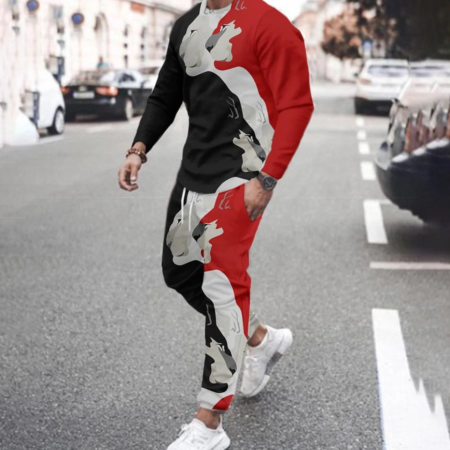 Men Set Tracksuit Long Sleeve T Shirts Trousers 2-piece Lion King Casual Outfits Spring Harajuku Clothing Oversized Streetwear