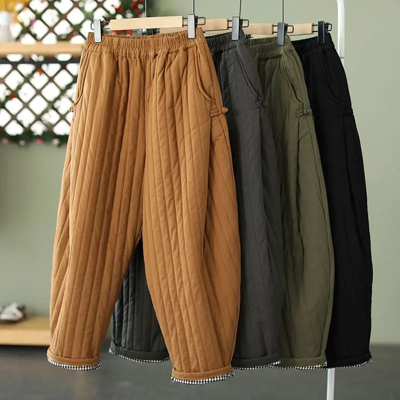 

Женские утепленные брюки до щиколотки, повседневные свободные утепленные винтажные шаровары с поясом на резинке, модель P774 на зиму, 2023
