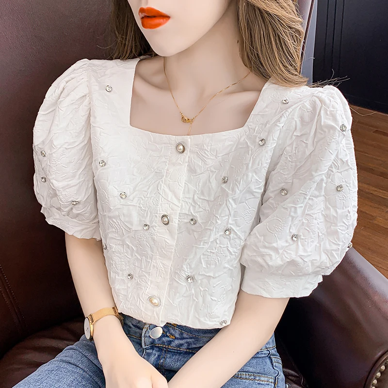 

2022 Summer New Square Collar Heavy Industry Temperament Chiffon Shirt Short-Sleeved Tops Foreign-Style Shirt