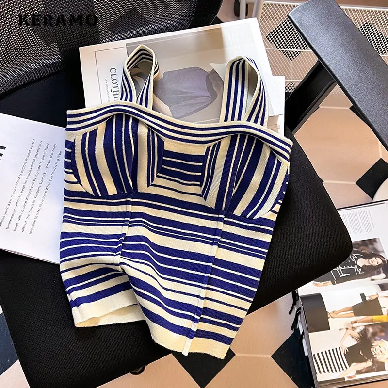 

Women Hotsweet Striped Sheath Sleeveless Tanks Top 2023 Summer Korean Y2k Casual Slim Fit Simply Style Crop Top Female Vest