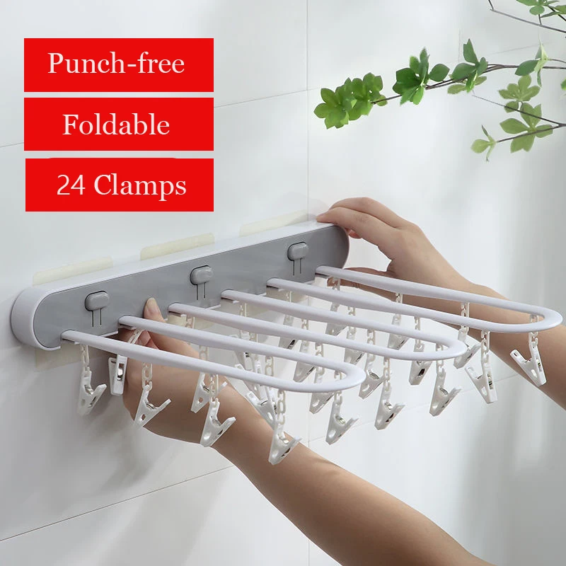 Дешево Складная вешалка без перфорации, многофункциональные настенные зажимы для туалета, крытого балкона, сушильные носки, артефакт для дома/пут...