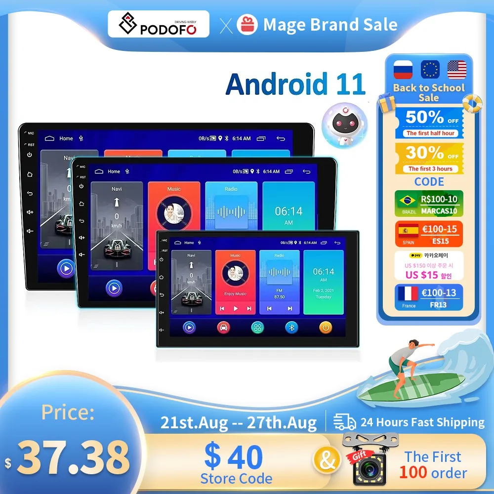 Podofo 8G 128G 2din автомобильный Android Радио мультимедийный плеер 7/9/10 