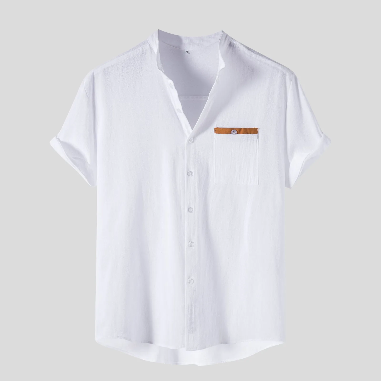 

Button Sleeve Stand Shirt Short Pocket Men's Collar Solid Casual Daily Men Shirts Cotton Tops Men Casual