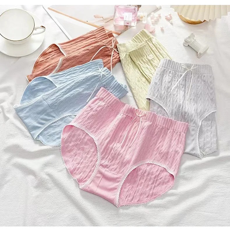 7PCS High Waist Cotton Antibacterial Panties Belly Lifting Buttocks Shaping Women Lace Bow Breathable Fresh Triangle Panties