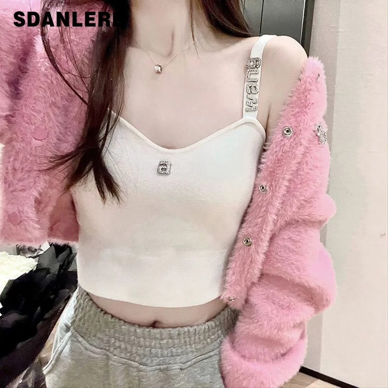 

Women's Crop Top 2022 Early Spring Hot Drilling Letter Sexy Knitted Outer Wear Short Vest Camisole Female Inner Bottoming Tops