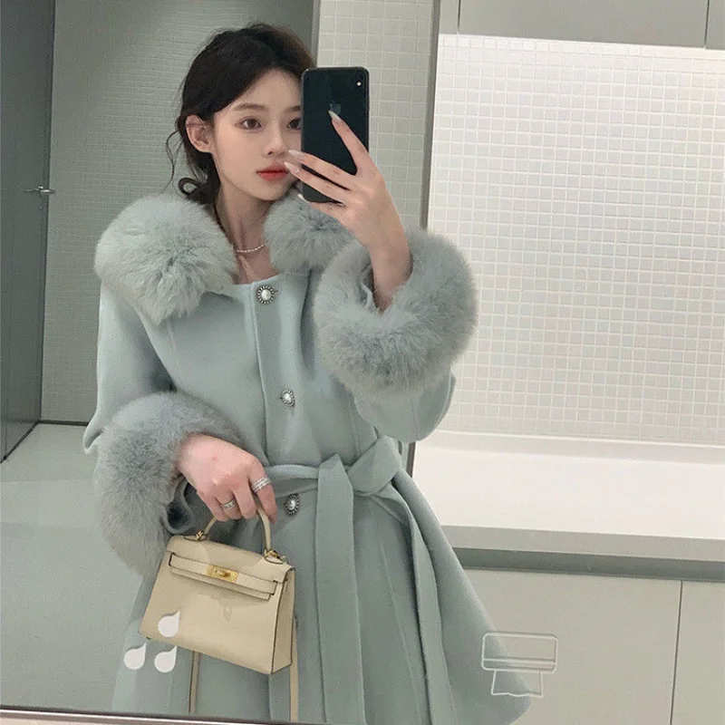 

Autumn Winter Women Woolen Coat Solid Faux Fur Collar Loose Women's Long Cashmere Wool Coats Jackets Single-breasted Belt E712