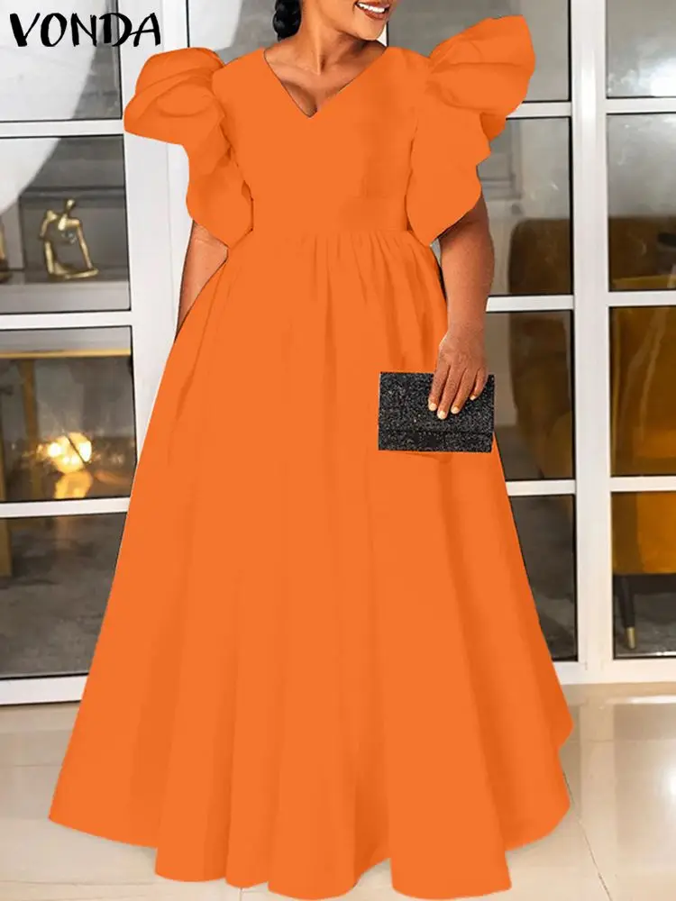 

Fashion Summer Ruffle Dresses Women Maxi Long Dress 2023 VONDA Bohemian Flying Sleeve Floor-Length Sundress Solid Color Vestido