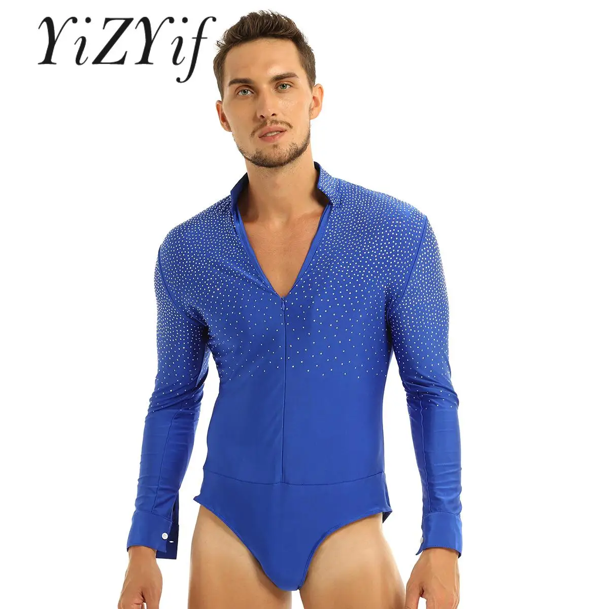 

Men Latin Dance Top V Neck Shiny Rhinestones Tango Rumba Dance Shirt Leotard Bodysuit Ballroom Dancewear Performance Costume