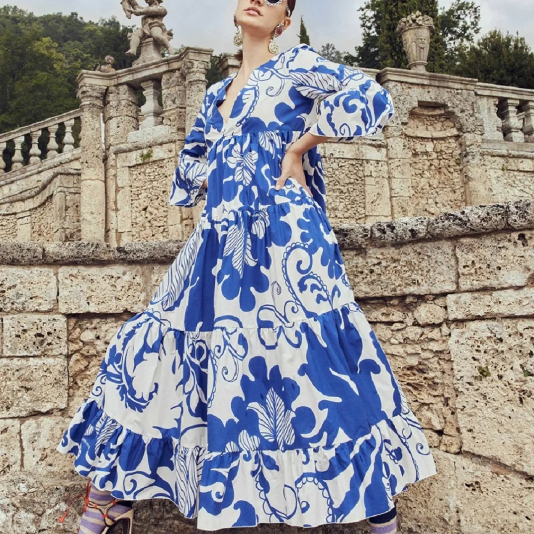 

2022 New Arrival High Quality Fashion Blue Floral Print Long Lady Skirt