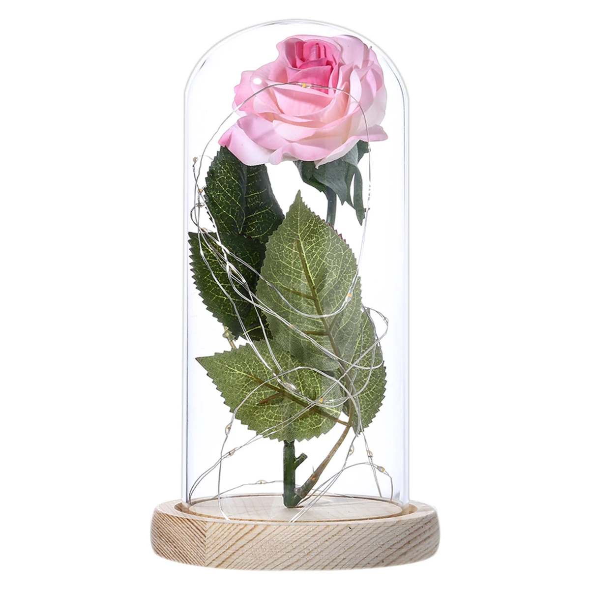 

Rose and LED String light In Glass Dome On Wood Base Home Decor Mother's Day GiftRose and LED String light In Glass Dome On