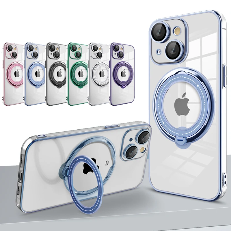 360 Rotating Bracket Ring Holder Car Mount Case for iPhone 15 14 13 12 11 Pro Max Magsafe Magnetic Wireless Charging Clear Cover