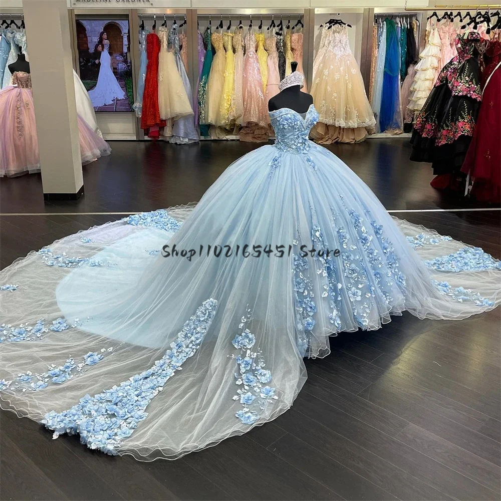 

Sky Blue Princess Quinceanera Dresses 3D Flowers Lace Appliques Sweet 16 Birthday Party Ball Gowns Vestidos De XV Anos