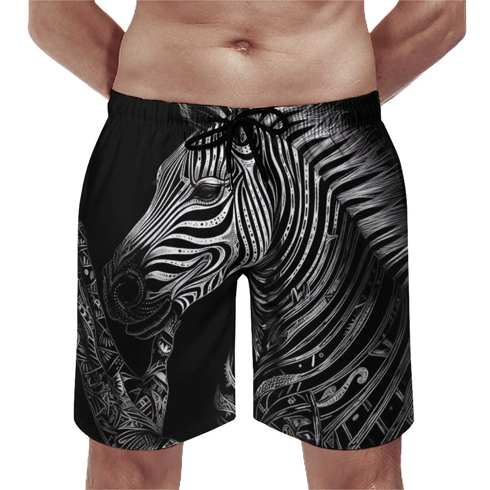 

Zebra Board Shorts Summer Intricate Lines Illustration Funny Beach Shorts Male Sportswear Quick Dry Printed Beach Trunks