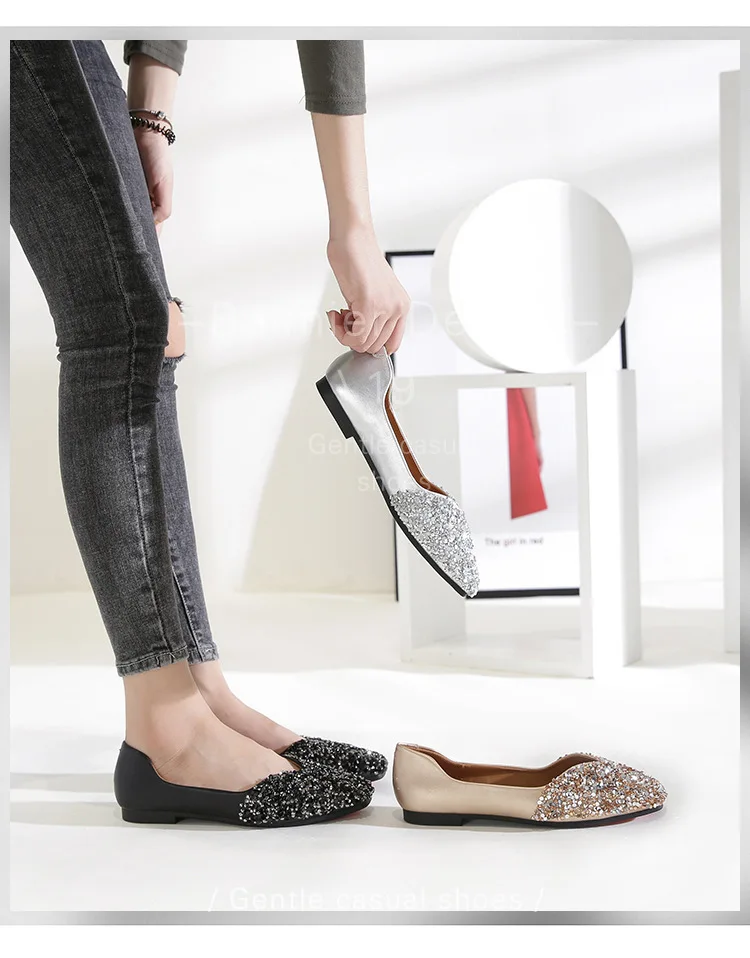 Women's Flats Square Head Shine Rhinestone Slip On Non-Slip Wedding Party Shoes