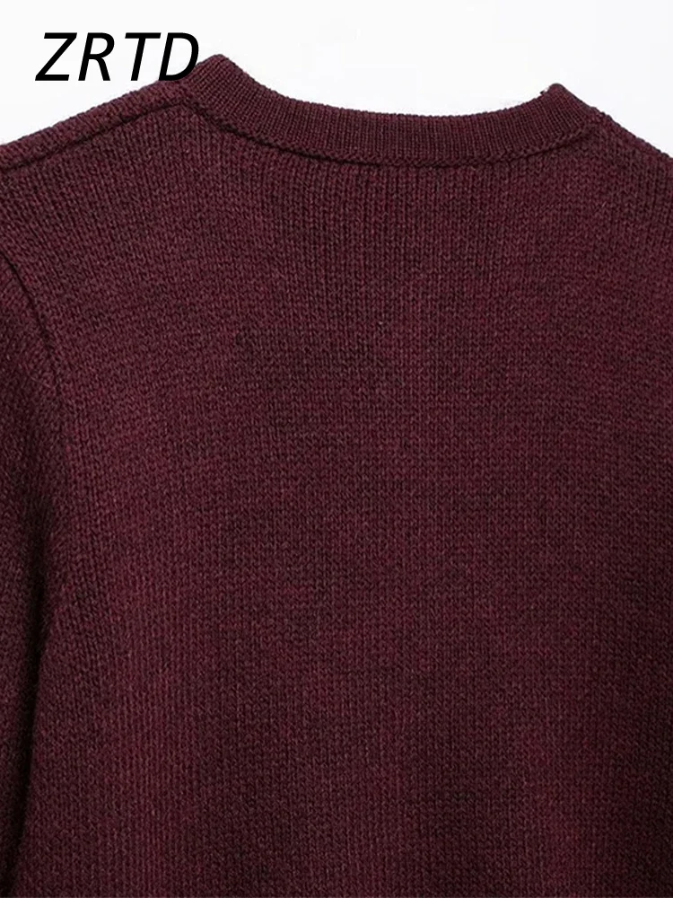 Винтажный женский вязаный бордовый кардиган с круглым вырезом однобортный