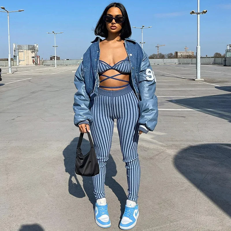 

2022 Summer Women's Fashion Striped Strap Vest Slim Pants Suit