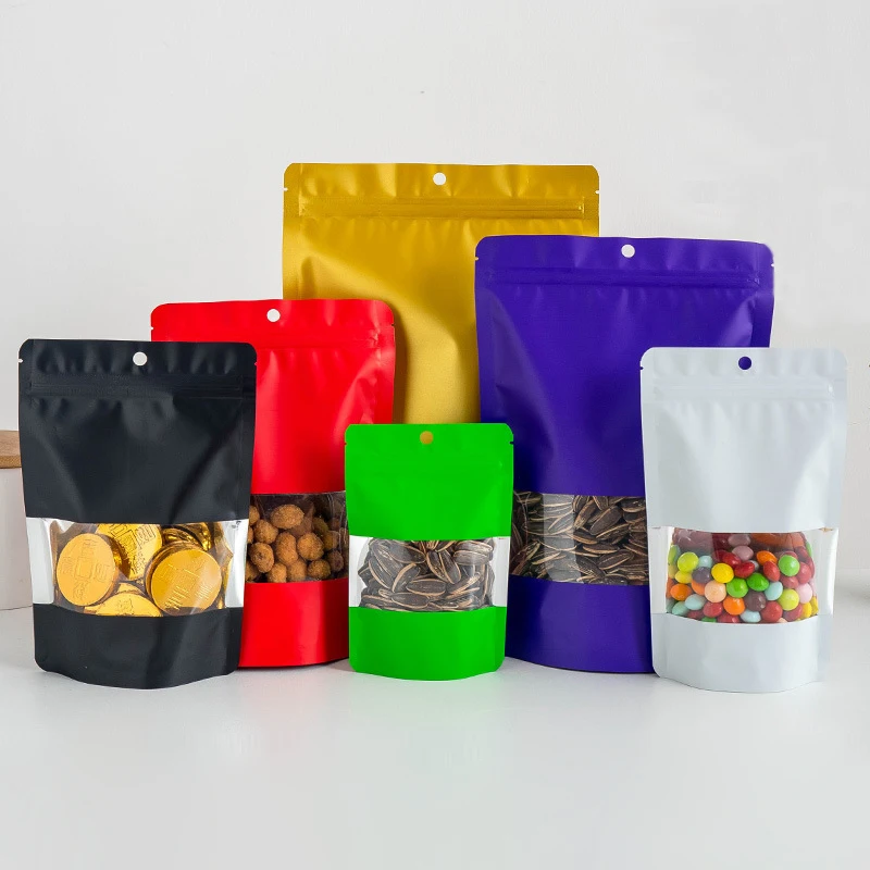 100pcs Matte White Black Reclosable Stand Up Aluminum Foil Ziplock Pouches Gift Bag Mylar Food Storage Bags with Clear WIndow