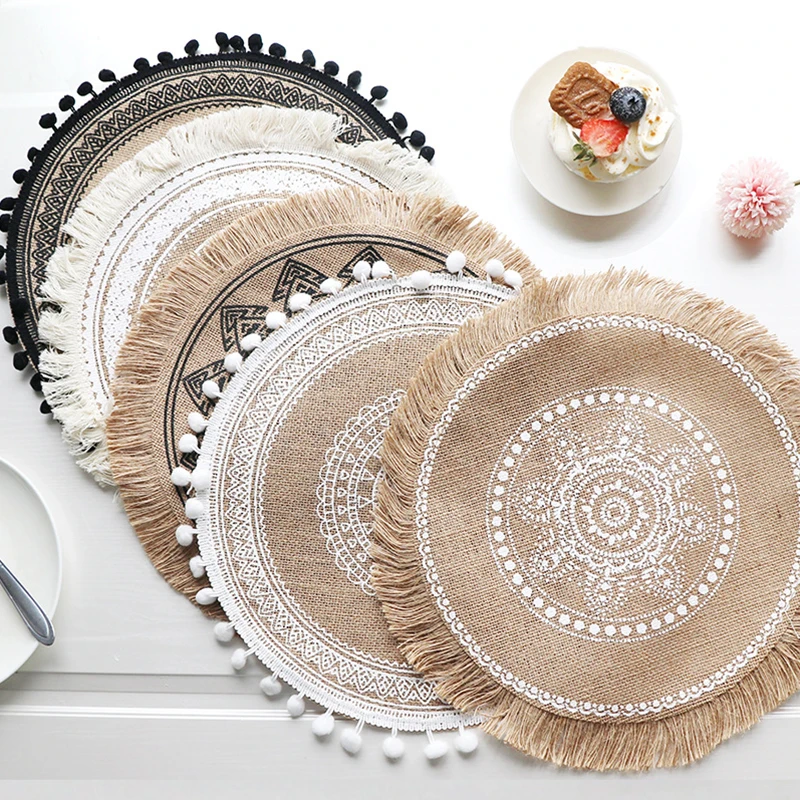 

1PC New Bohemian Woven Jute Exquisite Embroidery Tassels Round Embroidery Table Placemat Party Decoratio Kitchen Decoration