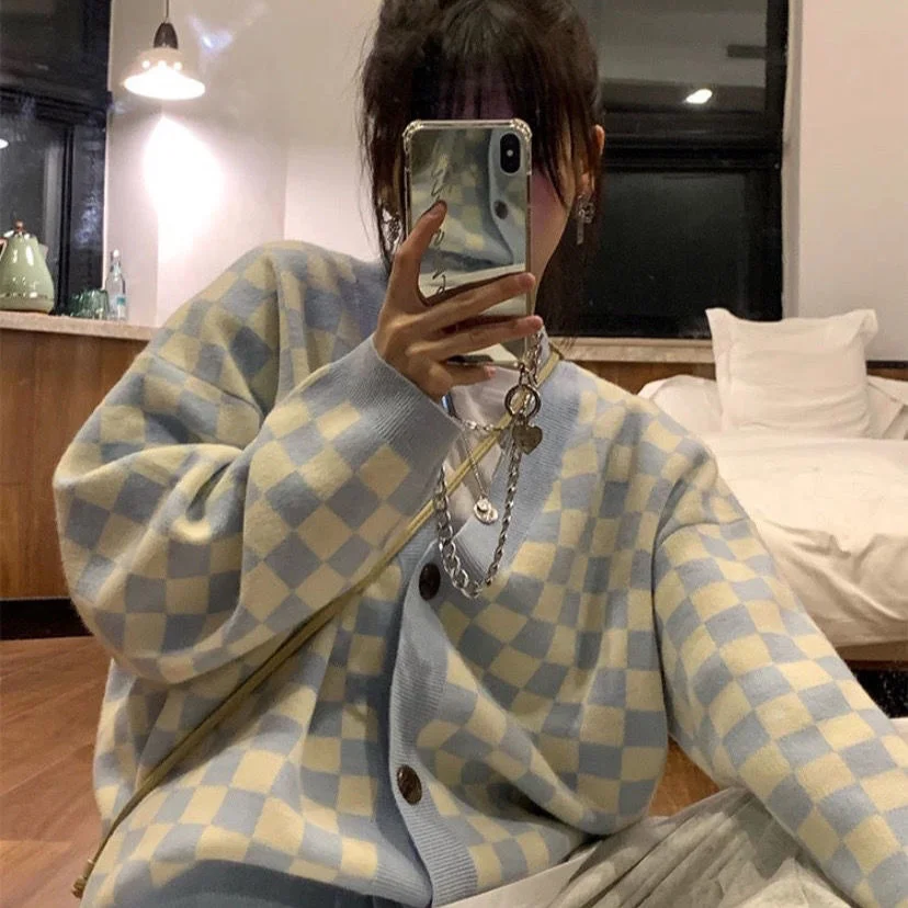 

Checkerboard Long Sleeve Top Early Autumn Korean Fashion Lazy Wind V-neck Sweater Plaid Knitted Vintage Cardigans Women Hot sale
