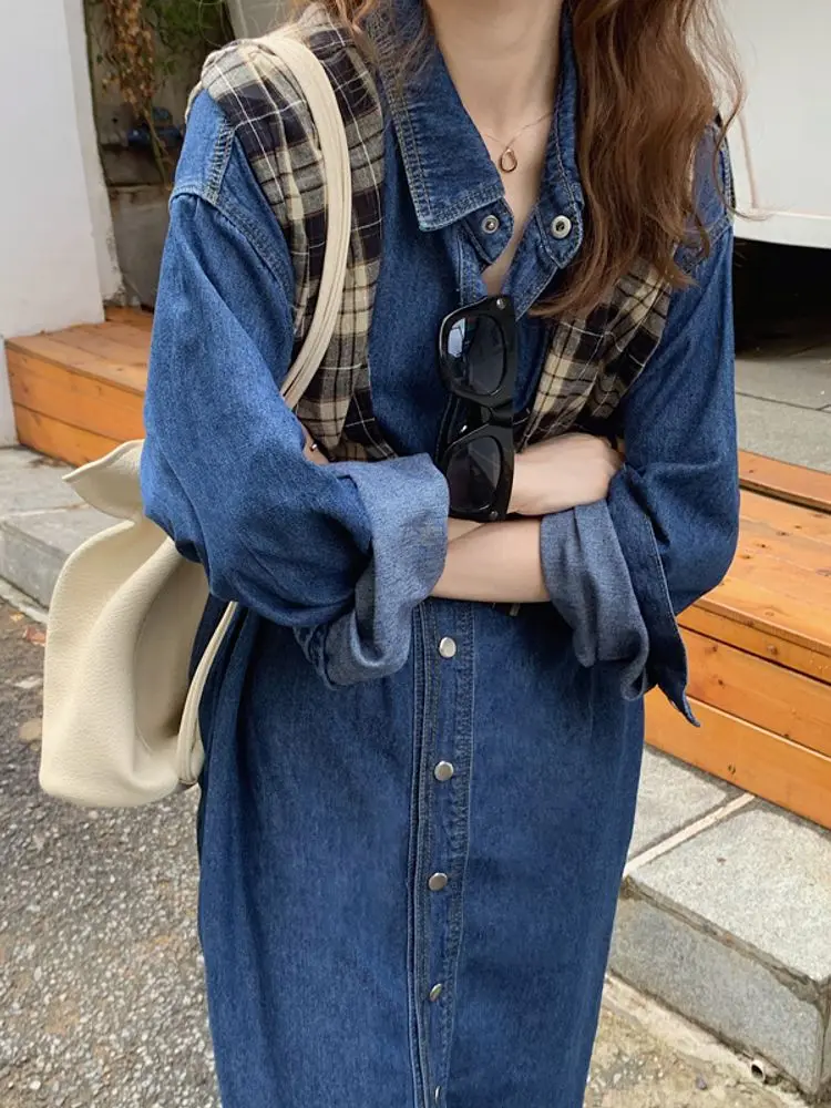 

Винтажное свободное джинсовое платье с отложным воротником, женское осеннее длинное платье-рубашка с одной грудью