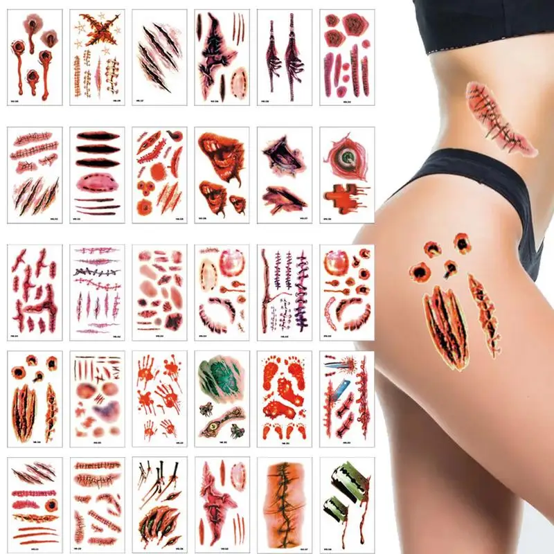 

Halloween Scar Stickers Waterproof Fake Bloody Wound Body Face Decals Prank Props Waterproof Fake Bloody Wound 30Pcs