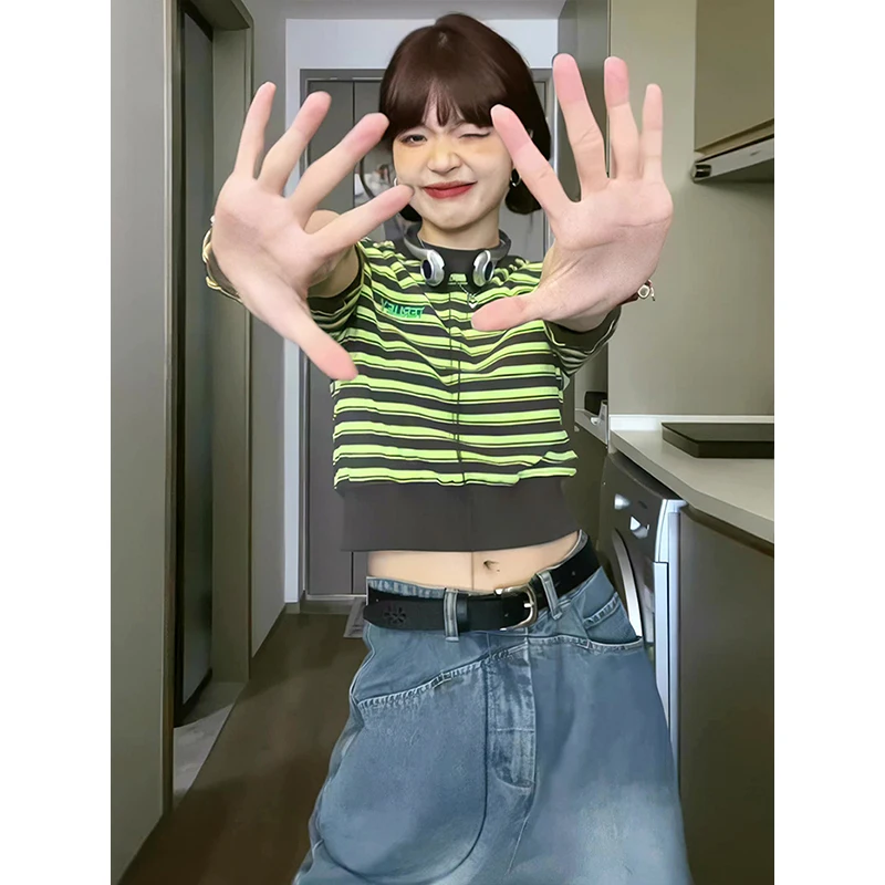 

Американские женские винтажные фотообои, Короткие топы, летние полосатые контрастные цветные свитера с круглым вырезом, тонкие блузки