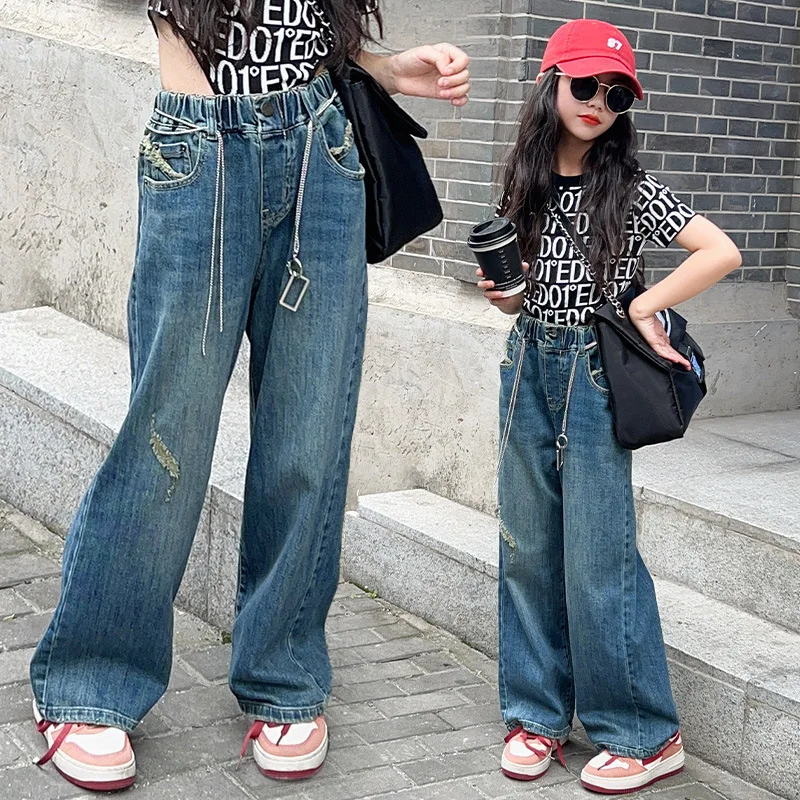 

Рваные джинсы для девочек, модные прямые широкие брюки с высокой талией, брюки из денима для подростков, одежда для детей 10, 12, 13 лет, весна-осень