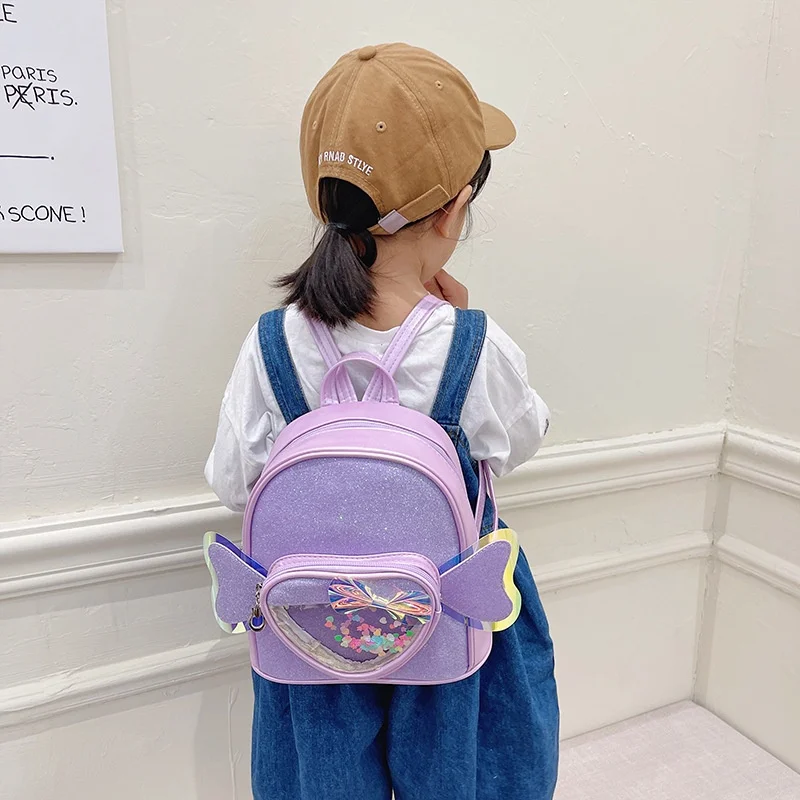 Children Fashion Transparent Laser Bow Small Backpack with Wings New Girls Princess Sweet PU Solid Color Schoolbags for Travel