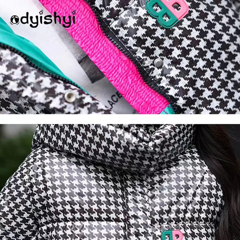 2022 New Women White Duck Down Coat Houndstooth Fashion Shiny Short Puffer Jacket Thick Loose Warm Winter Outwear Female YD90