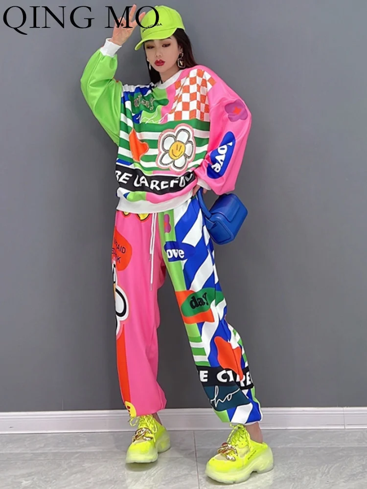 

QING MO 2023 Autumn New Leisure Sports Suit Fashion Printed Sweatshirt + Pants Two Piece Set Women Pant Set ZXF1141